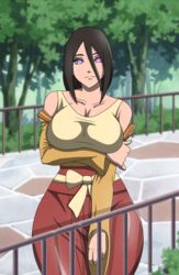  1girls arm_under_breasts bare_chest bare_shoulders belt big_breasts boobs boruto:_naruto_next_generations breasts breasts_bigger_than_head brown_hair bust busty cleavage clothed clothing collarbone feet_out_of_frame female female_only fully_clothed golden_ouken hair_between_eyes hair_over_one_eye hakama hakama_skirt hourglass_figure huge_breasts hyuuga_hanabi japanese_clothes kimono kimono_down legs_together light-skinned_female light_skin long_skirt long_sleeves looking_at_viewer naruto naruto_(series) oppai outdoors outside pinup presenting presenting_breasts railing ribbon sash skirt sleeveless sleeveless_shirt slim_waist smile smiling solo solo_female solo_focus strap_slip tank_top tease teasing teasing_viewer tits top_heavy vest violet_eyes voluptuous wide_hips wide_sleeves yukata 