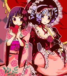  2girls ame-warashi_(xxxholic) black_hair blue_hair commentary_request drill_hair flower gloves gothic_lolita hairband heart japanese_clothes jru_(xx201) kimono lolita_fashion lowres multiple_girls obi oekaki parasol rose sash short_hair twintails umbrella xxxholic zashiki-warashi zashiki-warashi_(xxxholic) 