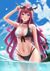  absurdres bare_shoulders beach bikini blue_eyes breasts choker cleavage collarbone cowboy_shot eyewear_on_head female front-tie_bikini_top front-tie_top heterochromia highres hololive hololive_english horns irys_(hololive) kenxken large_breasts long_hair looking_at_viewer multi-strapped_bikini multicolored_hair navel open_mouth outdoors partially_underwater_shot pointy_ears ponytail purple_eyes purple_hair solo streaked_hair sunglasses swimsuit two-tone_bikini very_long_hair virtual_youtuber wading 