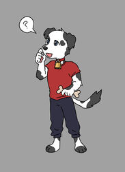  anthro blep blue_eyes bone canid canine canis clothed clothing collar confusion cowbell cowbell_(character) cowbell_the_dog dog_food dog_treat domestic_dog full-length_portrait male mammal markings pet_food portrait solo spots spotted_body tongue tongue_out 