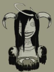  2018 2_horns 3:4 alice_angel alternate_form animate_inanimate arm_markings artist_name bangs bendy_and_the_ink_machine black_hair black_lipstick black_markings bow_tie brown_background bust_portrait clothed clothing creepy curled_horn dark_hair demon demon_humanoid digital_drawing_(artwork) digital_media_(artwork) eyeless female female_(lore) front_view grin hair hair_between_eyes halo hatching_(art) head_horn horn horn_markings horned_humanoid humanoid light_body light_horn lipstick long_bangs long_hair looking_at_viewer makeup mannequin markings monochrome monotone_hair multicolored_horn not_furry portrait sepia shaded shirt simple_background smile solo tabbyseraph tank_top teeth topwear two_tone_horn 