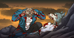  2021 5_fingers angry anthro bear beastars beaten blood blood_on_face bodily_fluids brown_bear canid canine canis clothed clothing daimo detailed_background duo fingers group hi_res humor image_comics invincible_(comics) invincible_(tv_series) legoshi_(beastars) lying male mammal meme on_back outside riz_(beastars) rock signature think_mark_think! ursine wolf 