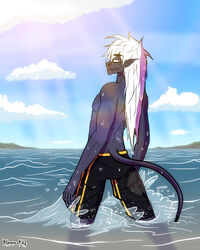  4:5 bottomwear clothed clothing cloud demon detailed_background frank_fathih hair hi_res humanoid humanoid_pointy_ears kimero_kat lens_flare long_hair long_tail looking_at_viewer male not_furry sea shorts sky solo summer swimwear tail water wet wet_body white_hair 