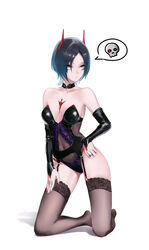  absurdres alternate_costume azur_lane bare_shoulders black_choker black_hair black_leotard black_sleeves breasts brown_thighhighs choker cleavage covered_navel detached_sleeves eyes_visible_through_hair female full_body highres horns jewelry kneeling lace-trimmed_legwear lace_trim leotard mechanical_horns multicolored_hair nail_polish red_horns red_nails ring shadow short_hair simple_background skull slit_pupils small_breasts solo spoken_skull strapless strapless_leotard tflop_(tea_flop) thighhighs thighs two-tone_hair ulrich_von_hutten_(azur_lane) white_background white_hair yellow_eyes 