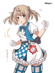  abyssal_ship apron blue_neckwear checkered_apron checkered_clothes commentary_request compass double_bun dress enemy_lifebuoy_(kancolle) female flying_sweatdrops frilled_dress frills gloves hair_bun highres kantai_collection light_brown_hair looking_at_viewer meguru_(megurunn) michishio_(kancolle) plaid plaid_legwear short_sleeves short_twintails simple_background solo thighhighs translation_request twintails twitter_username two-tone_background two-tone_dress white_background white_gloves yellow_eyes 