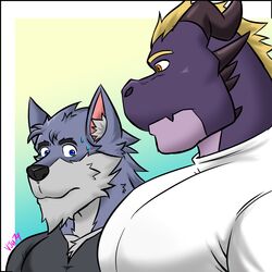  1:1 absurd_res anthro black_clothing black_horn black_shirt black_topwear blonde_hair blue_eyes canid canine canis clothing digital_drawing_(artwork) digital_media_(artwork) dragon duo facial_spikes fur gervic_(vju79) girl_staring_at_man&#039;s_chest grey_body grey_fur hair hi_res horn inner_ear_fluff looking_aside looking_at_another looking_at_chest male mammal meme mohawk muscular muscular_anthro muscular_male mythological_creature mythological_scalie mythology nervous nervous_sweat on_top pupils purple_body purple_scales scales scalie shaded shirt signature simple_shading slit_pupils spikes spikes_(anatomy) tight_clothing topwear tuft vju79 vlagg_(vju79) white_clothing white_shirt white_topwear wolf yellow_eyes 