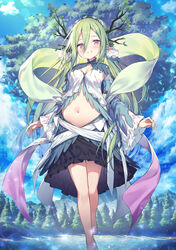  antlers bare_legs black_skirt blue_sky blush breasts cleavage cloud commentary_request day detached_sleeves fantasy female floating forest full_body giant_tree green_hair hair_between_eyes highres horns lake leaf long_hair looking_at_viewer midriff mountainous_horizon nature navel original outdoors parted_lips personification pink_eyes pointy_ears sandals shawl skirt sky smile solo sparkle stomach topia tree water white_footwear wide_sleeves yggdrasil 