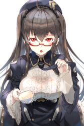  azur_lane black_dress black_necktie breast_cutout breasts brown_hair center_frills cup dress female framed_breasts frills glasses gold_trim hair_between_eyes highres holding holding_cup large_breasts london_(azur_lane) london_(retrofit)_(azur_lane) long_hair looking_at_viewer necktie red_eyes sankyo_(821-scoville) shirt simple_background solo stain very_long_hair white_background white_shirt wide_sleeves 