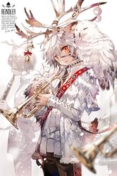  2boys animal_ears animal_on_shoulder antler_ornament antler_ring antlers bell belt bird bird_on_shoulder bridle brown_pants clarinet deer_ears deer_tail flower fur_trim highres holding holding_instrument horns instrument jacket male_focus multiple_boys original owl ozadomi pants red_eyes reindeer_antlers reins snowy_owl tail trumpet white_background white_hair white_jacket yellow_eyes 