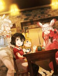  5girls :3 alpaca_ears alpaca_girl alpaca_suri_(kemono_friends) animal_ears bare_shoulders bird_wings black_hair black_pantyhose blonde_hair blue_eyes bow bowtie closed_eyes commentary cup elbow_gloves extra_ears food frilled_sleeves frills fur_collar fur_trim gloves hair_bun hair_over_one_eye hair_tubes hand_on_another&#039;s_shoulder hand_on_own_chest head_wings high-waist_skirt highres indoors japanese_crested_ibis_(kemono_friends) japari_bun kaban_(kemono_friends) kemono_friends long_hair long_sleeves multicolored_hair multiple_girls neck_ribbon no_headwear open_mouth pantyhose pleated_skirt print_bow print_bowtie print_gloves print_pantyhose print_skirt red_bow red_fur red_hair red_pantyhose red_ribbon red_shirt ribbon scarlet_ibis_(kemono_friends) serval_(kemono_friends) serval_print seto_(harunadragon) shirt short_hair short_twintails shorts sidelocks single_hair_bun sitting skirt sleeveless smile sweater t-shirt table tail tea teacup teapot twintails two-tone_bowtie vest watch white_bow white_bowtie white_hair white_legwear white_shirt wings yellow_bow yellow_bowtie yellow_eyes 