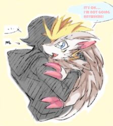  ambiguous_gender anthro bakamaokun bandai_namco blue_eyes claws digimon digimon_(species) duo english_text eulipotyphlan herissmon hug human mammal quills_(anatomy) sad simple_background spikes text 