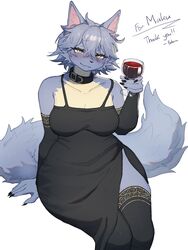  2023 3:4 5_fingers anthro baburusushi beverage black_claws black_clothing black_dress black_legwear black_nose black_stockings blue_body blue_fur blue_hair blush breasts canid canine canis claws clothing collar digital_media_(artwork) dress english_text female fingers fur hair hi_res holding_beverage holding_object holding_wine_glass legwear looking_at_viewer maku_(maku450) mammal simple_background smile solo stockings text white_background wide_hips wolf yellow_eyes 