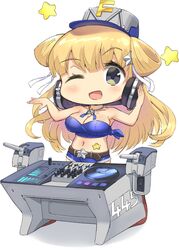  absurdres alternate_costume audio_visualizer blonde_hair breasts chibi dj double_bun female fletcher_(kancolle) hair_bun hair_ornament hand_on_headphones hat headphones highres jewelry kantai_collection large_breasts long_hair machinery navel necklace off_shoulder one_eye_closed osananajimi_neko shorts star_(symbol) star_hair_ornament star_necklace stomach tank_top turntable turret white_background yellow_eyes 