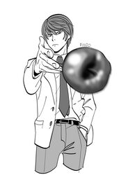  1boy absurdres apple closed_mouth death_note eminem_throwing_a_fat_rat_(meme) findoworld food fruit greyscale hand_in_pocket highres long_sleeves looking_at_viewer male_focus meme monochrome necktie school_uniform shirt short_hair simple_background solo standing throwing white_background yagami_light 