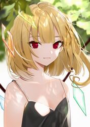  absurdres alternate_costume bad_id bad_twitter_id black_dress blonde_hair blunt_bangs blurry blurry_background blurry_foreground breasts cleavage closed_mouth collarbone crystal daimaou_ruaeru dress female flandre_scarlet highres leaf light_smile looking_at_viewer no_headwear one_side_up red_eyes short_hair slit_pupils small_breasts solo sparkle standing touhou upper_body wings 