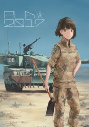  2017 black_hair brown_eyes caterpillar_tracks china chinese_commentary commentary_request day female hallelujah_zeng hoe holding holding_hoe looking_to_the_side military military_uniform military_vehicle motor_vehicle original outdoors patch people&#039;s_liberation_army short_hair shoulder_patch sky tank type_99_tank uniform 