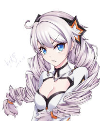  absurdres ahoge bodysuit breasts cleavage cleavage_cutout clothing_cutout drill_hair female highres honkai_(series) honkai_impact_3rd kiana_kaslana kiana_kaslana_(white_comet) long_hair looking_at_viewer medium_breasts simple_background solo twin_drills upper_body very_long_hair white_background white_bodysuit white_hair zheli_xingge 