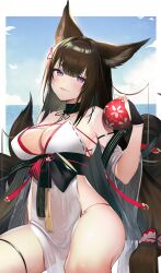  absurdres amagi_(azur_lane) amagi_(wending_waters_serene_lotus)_(azur_lane) animal_ears arm_strap asagi_yuna azur_lane ball bare_shoulders bikini blue_sky blunt_bangs blush breasts bridal_gauntlets brown_hair choker cleavage cloud collarbone commentary_request covered_navel covered_nipples cowboy_shot day eyebrows_hidden_by_hair eyeliner female fox_ears fox_tail hair_between_eyes hair_intakes hair_ornament head_tilt highres holding holding_ball japanese_clothes large_breasts long_hair looking_at_viewer lowleg lowleg_panties makeup midriff multiple_tails obi ocean official_alternate_costume panties parted_lips purple_eyes sash see-through sidelocks sitting skindentation sky smile solo swimsuit tail thick_eyebrows thigh_strap underwear very_long_hair white_bikini wide_sleeves 