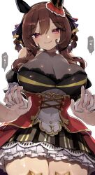  1other animal_ears breasts brown_hair commentary_request detached_sleeves female gentildonna_(umamusume) hair_between_eyes hair_ornament hair_rings highres holding_hands horse_ears horse_girl large_breasts looking_at_viewer medium_hair pov pov_hands red_eyes simple_background smile tamukoro translation_request umamusume white_background 