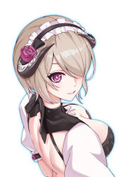  :d absurdres backless_dress backless_outfit blue_outline breasts brown_hair dress female flower grin hair_over_one_eye highres honkai_(series) honkai_impact_3rd large_breasts looking_at_viewer looking_back maid maid_headdress outline purple_eyes purple_flower purple_rose rita_rossweisse rita_rossweisse_(umbral_rose) rose short_hair simple_background smile solo upper_body white_background zheli_xingge 