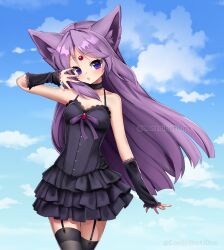  2000s_(style) animal_ear_fluff animal_ears arm_warmers black_dress black_thighhighs cat_ears cloud commentary contributi0ns cowboy_shot day dress english_commentary espeon female forehead_jewel frilled_dress frills garter_straps gem highres lace long_hair orb outdoors personification pokemon purple_eyes purple_hair ribbon sky solo standing thighhighs tumblr_username variant_set very_long_hair watermark zettai_ryouiki 