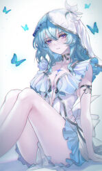  absurdres blue_butterfly blue_hair blue_veil breasts bug butterfly closed_mouth collarbone commentary dress feet_out_of_frame female hair_between_eyes highres large_breasts looking_at_viewer medium_hair purple_eyes revision sidelocks sitting solo tacet_mark_(wuthering_waves) the_shorekeeper_(wuthering_waves) turbulence two-tone_vest white_dress white_veil wuthering_waves 