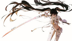  absurdres black_hair cheng_(zi74438982) clothing_cutout female floating_hair_ornament highleg highleg_panties highres holding holding_sword holding_weapon leggings long_hair lucia:_pyroath_(punishing:_gray_raven) mechanical_arms midriff navel panties punishing:_gray_raven red_eyes solo sword thigh_cutout twintails underwear very_long_hair weapon white_leggings 