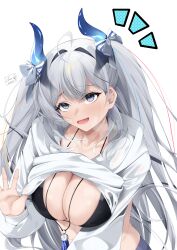  absurdres ahoge azur_lane blue_eyes blue_horns blue_skirt breasts cleavage clothes_lift female grey_hair hair_intakes hair_ribbon highres hood hoodie horns large_breasts light_blush long_hair long_sleeves looking_at_viewer oerba_yun_fang official_alternate_costume open_mouth ribbon signature sim_(sim_dr1) simple_background skirt solo suffren_(azur_lane) suffren_(impulsive_incident)_(azur_lane) two_side_up upper_body very_long_hair white_background white_hoodie white_ribbon 