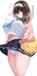  black_skirt blue_eyes breasts brown_hair cheerleader female ganbare_ganbare_(itou_life) hair_between_eyes headband heart highres idolmaster idolmaster_cinderella_girls large_breasts looking_at_viewer medium_hair panties pantyshot pleated_skirt pom_pom_(cheerleading) ponytail_korosuke sagisawa_fumika shirt simple_background skirt sleeveless sleeveless_shirt solo striped_clothes striped_panties underwear white_background white_shirt 