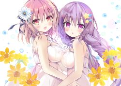  2girls :d absurdres bare_shoulders blush bow braid breasts commentary_request dress flower hair_between_eyes hair_flower hair_ornament hairbow hairclip highres large_breasts long_hair multiple_girls open_mouth original parted_lips pink_hair purple_eyes purple_hair red_eyes shiwasu_horio sleeveless sleeveless_dress smile star_(symbol) star_hair_ornament striped_bow twin_braids twintails upper_body water_drop white_dress white_flower yellow_flower 