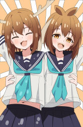  2girls :3 absurdres antlers bashame_meme blue_sailor_collar blue_skirt brown_hair deer deer_antlers deer_girl hand_on_another&#039;s_waist highres horns hosinonana long_sleeves multiple_girls neckerchief open_mouth plant_hair sailor_collar school_uniform serafuku shikanoko_noko shikanoko_nokonoko_koshitantan shirt short_hair side-by-side skinsuit skirt smile white_shirt 