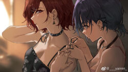  2girls asakura_toru bare_shoulders bikini black_bikini black_collar black_hair blue_eyes blue_nails blurry blurry_background blush brown_hair chinese_commentary closed_mouth collar commentary_request dressing_another earrings from_side hair_ornament hand_in_own_hair highres higuchi_madoka idolmaster idolmaster_shiny_colors indoors jewelry looking_at_another mole mole_under_eye multiple_girls nail_polish necklace pink_nails short_hair short_ponytail smile spiked_collar spikes swimsuit tying upper_body weibo_watermark yannn 