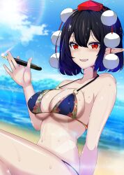  absurdres bikini black_bikini black_hair blue_sky blurry blurry_background cloud commentary_request female hat highres holding holding_pen kitaura_kasumi looking_at_viewer navel ocean open_mouth outdoors pen pointy_ears pom_pom_(clothes) red_eyes red_hat shameimaru_aya short_hair sitting sky smile solo sweat swimsuit tokin_hat touhou 