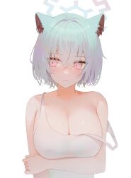  alternate_costume animal_ears arm_under_breasts blue_archive blush breasts cleavage closed_mouth commentary female flippy_(cripine111) halo hand_on_own_arm highres large_breasts looking_to_the_side shigure_(blue_archive) short_hair simple_background solo strap_slip upper_body weasel_ears weasel_girl white_background 