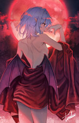  absurdres alternate_costume back bare_back bare_shoulders bat_wings blue_hair breasts clothes_lift commentary_request cowboy_shot dress dress_lift female from_behind full_moon hair_between_eyes hand_to_own_mouth highres looking_to_the_side low_wings moon night no_headwear outdoors pointy_ears red_dress red_eyes red_moon red_nails red_sky remilia_scarlet short_hair signature sky small_breasts smile solo tadano1129 touhou vampire wings 