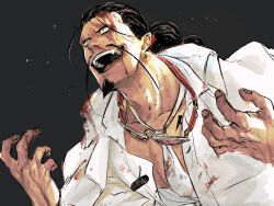  1boy arms_up black_background black_hair blood blood_on_clothes blood_on_face blood_on_hands coat collarbone collared_shirt commentary curled_fingers ear_piercing earrings facial_hair fu_manchu_(mustache) goatee highres jabra_(one_piece) jewelry long_hair long_mustache male_focus moustache multi-tied_hair musubi_rolling necktie oerba_yun_fang one_piece open_collar open_mouth pectorals piercing pink-tinted_eyewear shirt simple_background single_earring small_pupils solo sunglasses teeth tinted_eyewear tongue undone_necktie unworn_eyewear upper_body upper_teeth_only white_coat white_necktie white_shirt yellow_eyes 