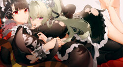  2girls absurdres barefoot black_dress black_hair breasts corin_wickes dress ellen_joe grey_eyes highres jinjide_shaonian large_breasts long_hair lying multiple_girls on_stomach petticoat red_eyes short_hair thighs zenless_zone_zero 