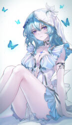  absurdres bad_id bad_pixiv_id blue_butterfly blue_hair blue_veil breasts bug butterfly closed_mouth collarbone commentary dress feet_out_of_frame female hair_between_eyes highres large_breasts looking_at_viewer medium_hair purple_eyes sidelocks sitting solo tacet_mark_(wuthering_waves) the_shorekeeper_(wuthering_waves) turbulence two-tone_vest white_dress white_veil wuthering_waves 