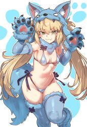  absurdres alternate_color animal_hands artoria_caster_(fate) artoria_pendragon_(fate) bikini blue_bikini blue_thighhighs breasts cosplay ebora fate/grand_order fate_(series) female gloves highres mash_kyrielight mash_kyrielight_(dangerous_beast) mash_kyrielight_(dangerous_beast)_(cosplay) medium_breasts navel paw_gloves swimsuit thighhighs 