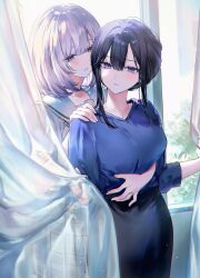  2girls absurdres age_difference black_hair couple cover curtain_grab curtains hand_on_another&#039;s_shoulder hand_on_another&#039;s_waist highres jewelry multiple_girls necklace nekoyashiki_pushio original school_uniform teacher_and_student white_hair window yuri 