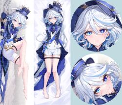  ahoge arms_behind_head ascot asymmetrical_gloves barefoot black_gloves black_shirt blue_ascot blue_coat blue_eyes blue_hair blue_hat blue_pupils blue_ribbon bright_pupils closed_mouth coat commentary_request dakimakura_(medium) female furina_(genshin_impact) genshin_impact gloves hair_between_eyes half_gloves hat heterochromia highres long_hair long_sleeves mismatched_gloves multicolored_hair multiple_views open_clothes open_coat ribbon shirt shorts smile streaked_hair thigh_strap vest watermark white_gloves white_hair white_shorts white_vest zi_tong_zhi_lei 