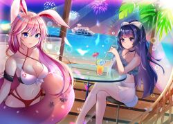  2girls :d animal_ears bad_id bad_pixiv_id beach bikini blue_bikini blue_eyes blue_hair bow breasts chair cleavage crossed_legs fireworks fox_ears frilled_bikini_top hairbow highres holding honkai_(series) honkai_impact_3rd innertube lemonade long_hair looking_at_viewer meliyannn mismatched_bikini multiple_girls navel night night_sky open_mouth pink_hair raiden_mei raiden_mei_(vast_ocean) red_bikini sitting sky smile stomach summer swim_ring swimsuit table water white_bikini white_bow yacht yae_sakura yae_sakura_(summer_dream) 