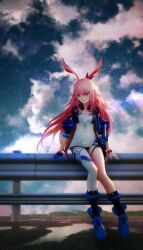  aleihuai_biao animal_ears bad_id bad_pixiv_id black_footwear blue_gloves blue_sky closed_mouth cloud cloudy_sky female fox_ears full_body gloves headphones headphones_around_neck highres honkai_(series) honkai_impact_3rd katana long_hair looking_at_viewer outdoors sheath shirt single_glove single_thighhigh sitting sky solo sword thighhighs weapon white_shirt white_thighhighs yae_sakura yae_sakura_(goushinnso_memento) 