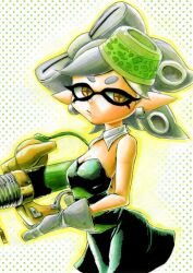  :/ bare_shoulders black_dress bow-shaped_hair breasts brown_pupils closed_mouth collar commentary_request cross-shaped_pupils detached_collar dress earrings female gloves grey_hair holding holding_weapon inkling jewelry kuroi_susumu long_pointy_ears marie_(splatoon) mole mole_under_eye pointy_ears short_hair solo splash-o-matic_(splatoon) splatoon_(series) splatoon_1 strapless strapless_dress suction_cups swept_bangs symbol-shaped_pupils tentacle_hair thick_eyebrows v-shaped_eyebrows weapon white_collar white_gloves yellow_eyes 