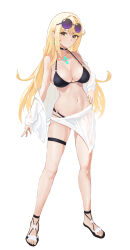  absurdres alternate_costume bikini black_bikini black_choker black_footwear blonde_hair breasts chest_jewel choker closed_mouth core_crystal_(xenoblade) earrings eyewear_on_head feet female floating_earring full_body hand_on_own_hip highres jewelry lao_cai_bie_wanzhe_yao large_breasts legs long_hair looking_at_viewer mythra_(xenoblade) navel o-ring o-ring_bikini off_shoulder round_eyewear sandals sarong shirt simple_background solo stomach sunglasses swept_bangs swimsuit tachi-e thigh_strap toenails toes white_background white_sarong white_shirt xenoblade_chronicles_(series) xenoblade_chronicles_2 yellow_eyes 