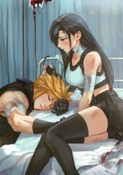  1boy bandages bed bleeding blonde_hair blood blood_on_bandages blood_stain cloud_strife female final_fantasy final_fantasy_vii final_fantasy_vii_rebirth final_fantasy_vii_remake gloves highres injury long_hair short_hair sleeveless spiked_hair spykeee tifa_lockhart 