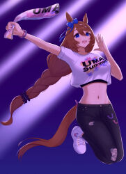  :d animal_ears arm_up black_pants blue_eyes blush bow bracelet braid braided_bangs braided_ponytail breasts brown_hair clothes_writing commentary_request cropped_shirt denim ear_bow ear_ornament ear_ribbon female floating full_body hair_between_eyes highres holding holding_towel horse_ears horse_girl horse_tail jeans jewelry large_breasts long_hair looking_at_viewer midriff multicolored_hair multiple_bracelets navel open_mouth pants ruri_moneru shirt shoes short_sleeves sidelocks smile sneakers solo super_creek_(umamusume) sweat t-shirt tail teeth torn_clothes torn_jeans torn_pants towel two-tone_hair uma_summer_(umamusume) umamusume upper_teeth_only very_long_hair white_footwear white_hair white_shirt 