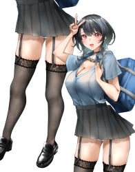  alternate_costume ascot bag black_hair black_thighhighs blush breasts female garter_straps highres kantai_collection large_breasts looking_at_viewer open_clothes open_mouth open_shirt pleated_skirt red_eyes school_bag school_uniform shirt short_hair short_sleeves skirt smile solo takao_(kancolle) thighhighs tororo_ten v 