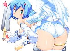  angel angel_of_light_nanael angel_wings armor asymmetrical_wings bare_shoulders blue_hair blush breasts chemise elbow_gloves feathered_wings female gloves greaves green_eyes medium_breasts milk nanael_(queen&#039;s_blade) panties polka_dot polka_dot_panties queen&#039;s_blade short_hair solo thighhighs underwear white_wings wings yu_3 