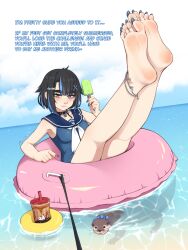  afloat anklet arm_support artist_name bags_under_eyes bare_legs barefoot belt_collar black_collar black_hair blue_hair blue_nails blue_one-piece_swimsuit blue_sailor_collar blue_sky brown_eyes cloud cloudy_sky collar cup day disposable_cup drinking_straw dutch_angle english_commentary english_text feet_up female fingernails food hair_ornament hairclip heart_pendant highres holding holding_food holding_popsicle jewelry long_fingernails long_toenails lululewd multicolored_hair nail_polish neckerchief ocean oerba_yun_fang one-piece_swimsuit original otter outdoors paid_reward_available pink_innertube popsicle sailor_collar short_hair sidelocks skin_fang sky smile soles solo streaked_hair swimming swimsuit thick_eyebrows toe_ring toenail_polish toenails two-tone_hair white_neckerchief x_hair_ornament yellow_innertube 